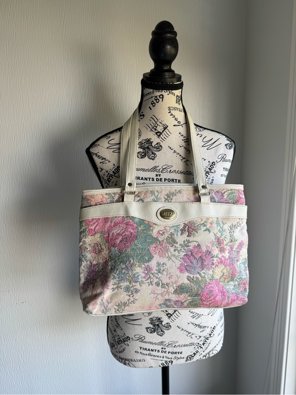 Floral Tapestry Tote with Cream Trim made in the 80s vintage Mitzi